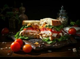 A tasty turkey and lettuce sandwich with a garnish of tomatoes and other vegetables photo