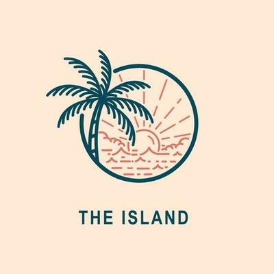 ocean wave tropical island and palm tree logo line art vector illustration