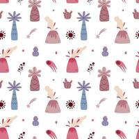 Vector seamless pattern with volcano palm cactus falling star comet and flower
