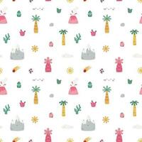 Vector seamless pattern with palm,mountains,rock,sun, egg, cactus,comet