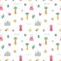 Vector seamless pattern with palm,mountains,rock,sun, egg, cactus,comet