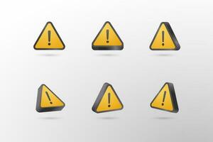 3d yellow triangle warning sign in various points of view, Exclamation marks vector