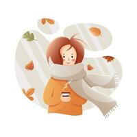 Young girl with a cup of coffee in her hands and autumn leaves. Autumn girl. Vector illustration on isolated background