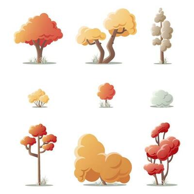 Colorful autumn trees. Cartoon yellow orange fall trees and autumnal garden bush icon with fall season gold leaves for city park and forest landscape