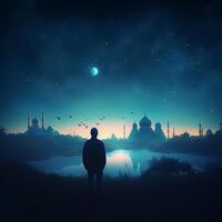 man standing at night in front of mosque created using photo