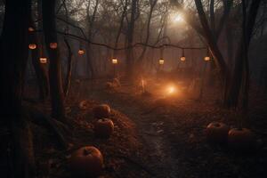 spooky Halloween pumpkin in the forest created using photo
