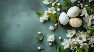 Pascua de Resurrección huevos y flores en de madera antecedentes creado utilizando generativo ai foto
