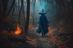 A women in a dark forest created using photo