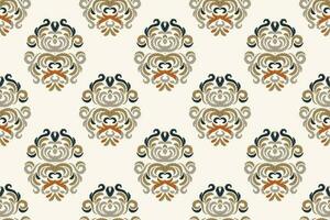 Ikat Damask Paisley Embroidery Background. Ikat Frame Geometric Ethnic Oriental Pattern traditional.aztec Style Abstract Vector illustration.design for Texture,fabric,clothing,wrapping,sarong.