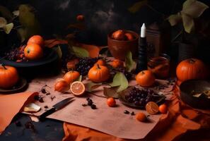 halloween still life with pumpkin created using photo