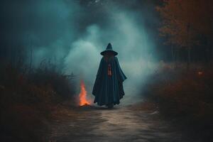 A women in a dark forest created using photo
