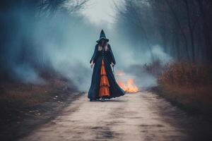 A women in a dark forest created using photo