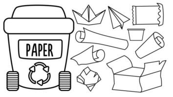 Black and white rubbish bin for paper waste with different garbage. Waste recycling and sorting concept or coloring page. Vector trash container and litter illustration. Ecological line set