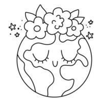 Vector black and white earth for kids. Earth day line illustration with cute kawaii smiling planet with closed eyes. Environment friendly icon or coloring page with globe and flowers