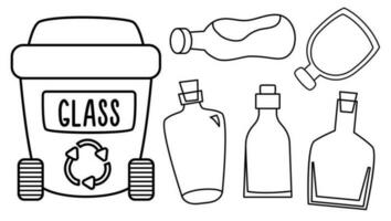 negro y blanco basura compartimiento para vaso residuos con diferente basura. residuos reciclaje y clasificación concepto o colorante página. vector basura envase y camada ilustración. ecológico línea conjunto