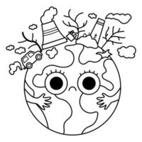 Vector black and white earth for kids. Earth day line illustration with sad kawaii polluted planet. Environment friendly icon or coloring page with globe and power plant, waste