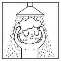 Black and white boy taking a shower icon. Cute washing kid. Child doing daily routine. Morning ritual or healthy lifestyle line concept or coloring page vector