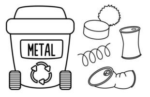 negro y blanco basura compartimiento para metal residuos con diferente basura. residuos reciclaje y clasificación concepto o colorante página. vector basura envase y camada ilustración. ecológico línea conjunto