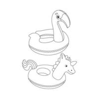 Inflatable circle in the shape of a flamingo and unicorn. Beach set for summer trips. Vacation accessories for sea vacations. Line art. vector