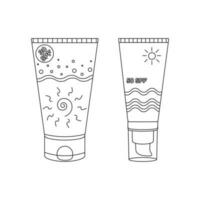 Beach set for summer trips. Vacation accessories for sea vacations. Sun cream, 30 spf. Line art. vector