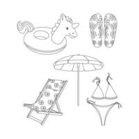 Inflatable circle in the shape of a unicorn, slippers, flip-flops, the swimsuit is separate, beach chair, sunbed, umbrella. Line art. vector