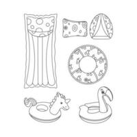 Inflatable cuffs, circle in the shape of a flamingo and unicorn, float, inflatable circle, mattress. Line art. vector