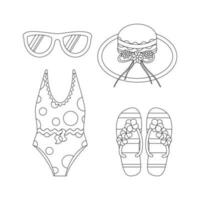 Inflatable circle in the shape of a unicorn, slippers, flip-flops, the swimsuit is separate, beach chair, sunbed, umbrella. Line art. vector