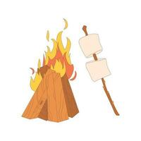 Bonfire, marshmallow on a stick. Drawn elements for camping and hiking. vector