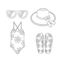 Hat, sunglasses, slippers, flip-flops, the swimsuit is compatible. Beach set for summer trips. Line art. vector