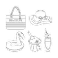 Beach bag, hat, cocktail, inflatable circle in the shape of a flamingo, a bucket with sand, a shovel and a shell. Line art. vector