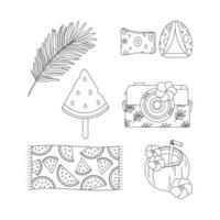 Palm leaves, inflatable cuffs, camera, beach towel, cocktail in coconut, watermelon ice cream. Beach set for summer trips. Line art. vector