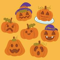 Cute doodle pumpkin with various face. vector