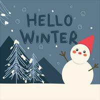 Winter snowman vector outdoor background with snow. Hello winter typography in empty snowy space for winter greeting design. Vector illustration