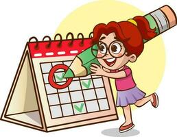 Time Concept Drawing With Flat Objects.cute boy marks the days from the calendar. vector