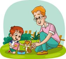 cute family feeding cute cats vector.children and their parents who feed stray animals vector