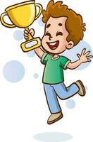 happy cute kid boy win game gold trophy vector