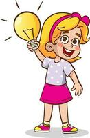 kids with brilliant ideas .happy cute little kid girl with idea lamp sign. vector