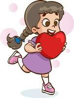 encantador pequeño niña participación rojo corazón, contento san valentin día concepto, amor y relaciones vector ilustración