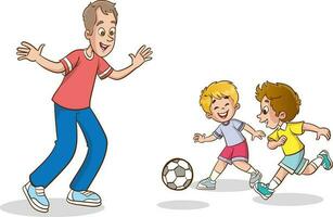 parents having fun with their kids.Daddy, father spending time with kids playing active games sports. Dad play football soccer with sons on vector