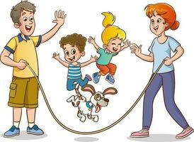 contento familia salto a la comba cuerda.padres teniendo divertido con su niños vector