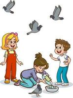 children feeding pigeons cartoon vector