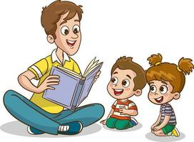 cute kids and father reading together.Teacher reading books to children. vector