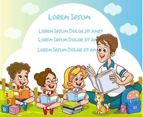 cute kids and father reading together.Teacher reading books to children.