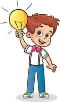 kids with brilliant ideas .happy cute little kid girl with idea lamp sign. vector