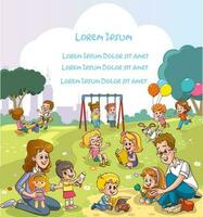 Vector portrait of happy family members relax rest play outdoors in the park doing summer activities.Parents with children spend weekend together, mother, father and children having fun on playground.