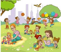 Vector portrait of happy family members relax rest play outdoors in the park doing summer activities.Parents with children spend weekend together, mother, father and children having fun on playground.