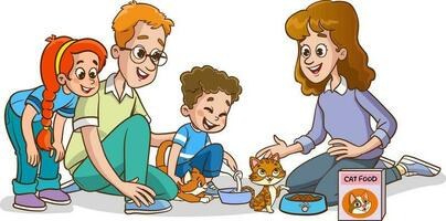 cute family feeding cute cats vector.children and their parents who feed stray animals vector