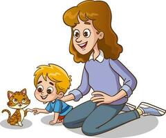 cute family feeding cute cats vector.children and their parents who feed stray animals vector