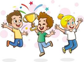 happy cute kid boy win game gold trophy vector