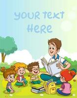 cute kids and father reading together.Teacher reading books to children. vector